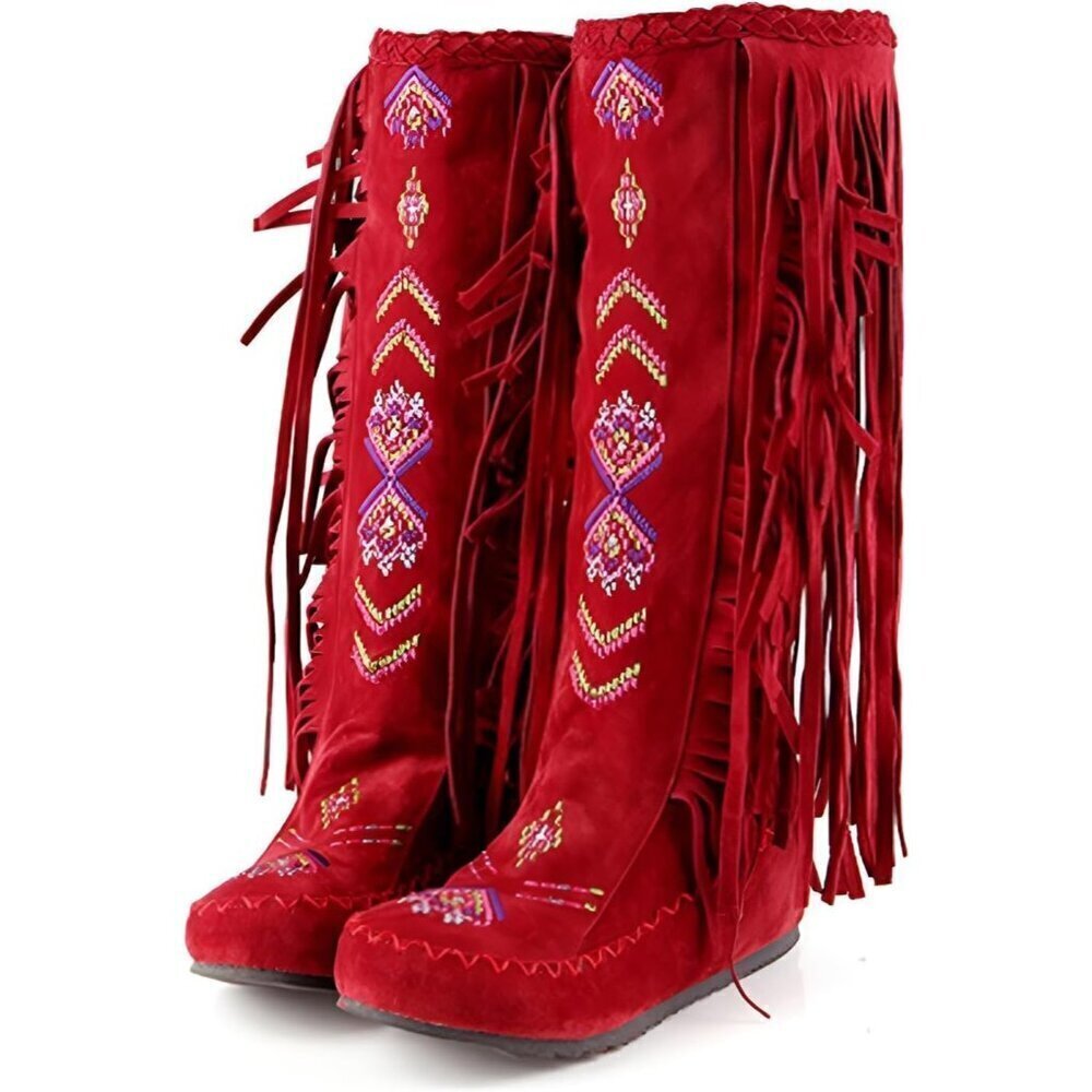 🆕 Red Faux Leather Embroidered Fringe Knee High Cowboy Boots Women’s Western